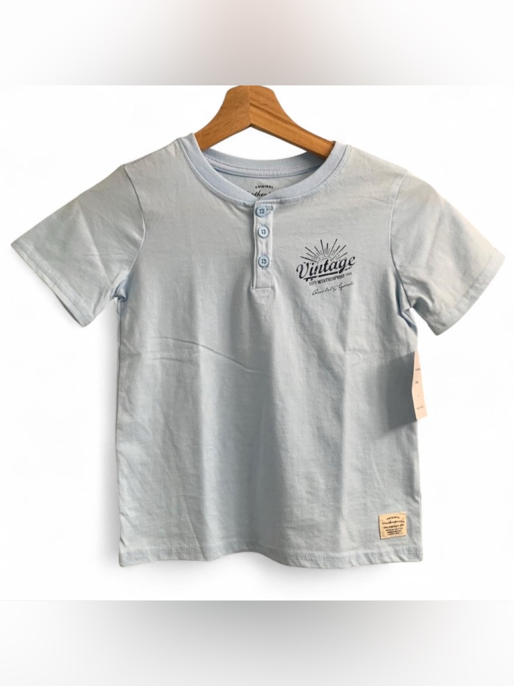 NWT Weatherproof Light Blue Short Sleeve Henley Tee with Vintage Graphic size 6